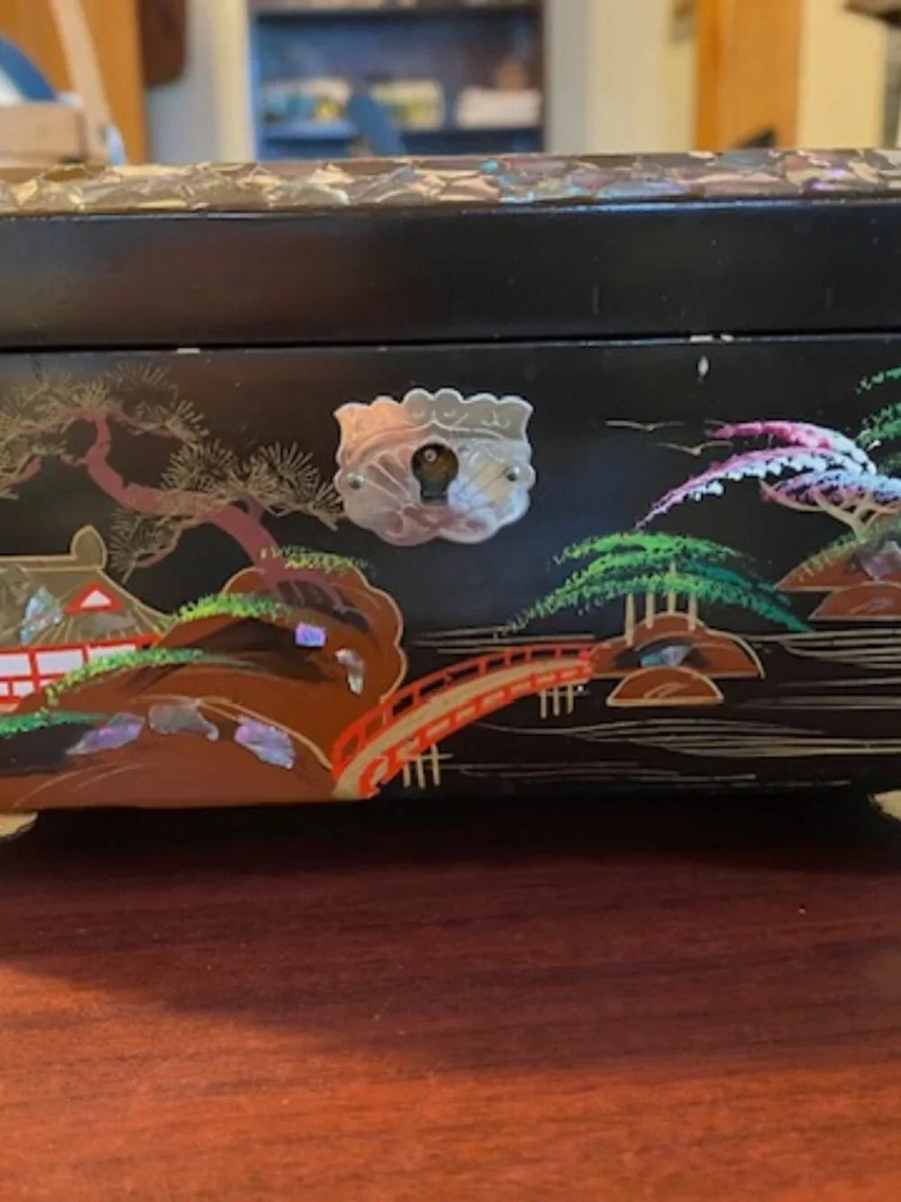Vintage black music jewelry box with mother of pearl pagoda scene - Asian music
